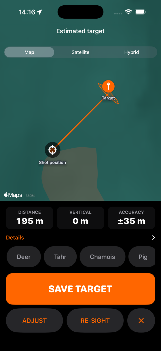 The confirmation screen with a map, the line to the target and the distance, vertical and accuracy tiles.