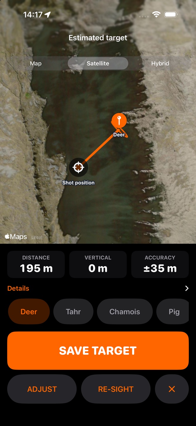 The HuntFix confirmation screen: a satellite map of an open tussock face with the shot position, the target pin and the line between them, above tiles reading 195 m distance, 0 m vertical and plus or minus 35 m accuracy.