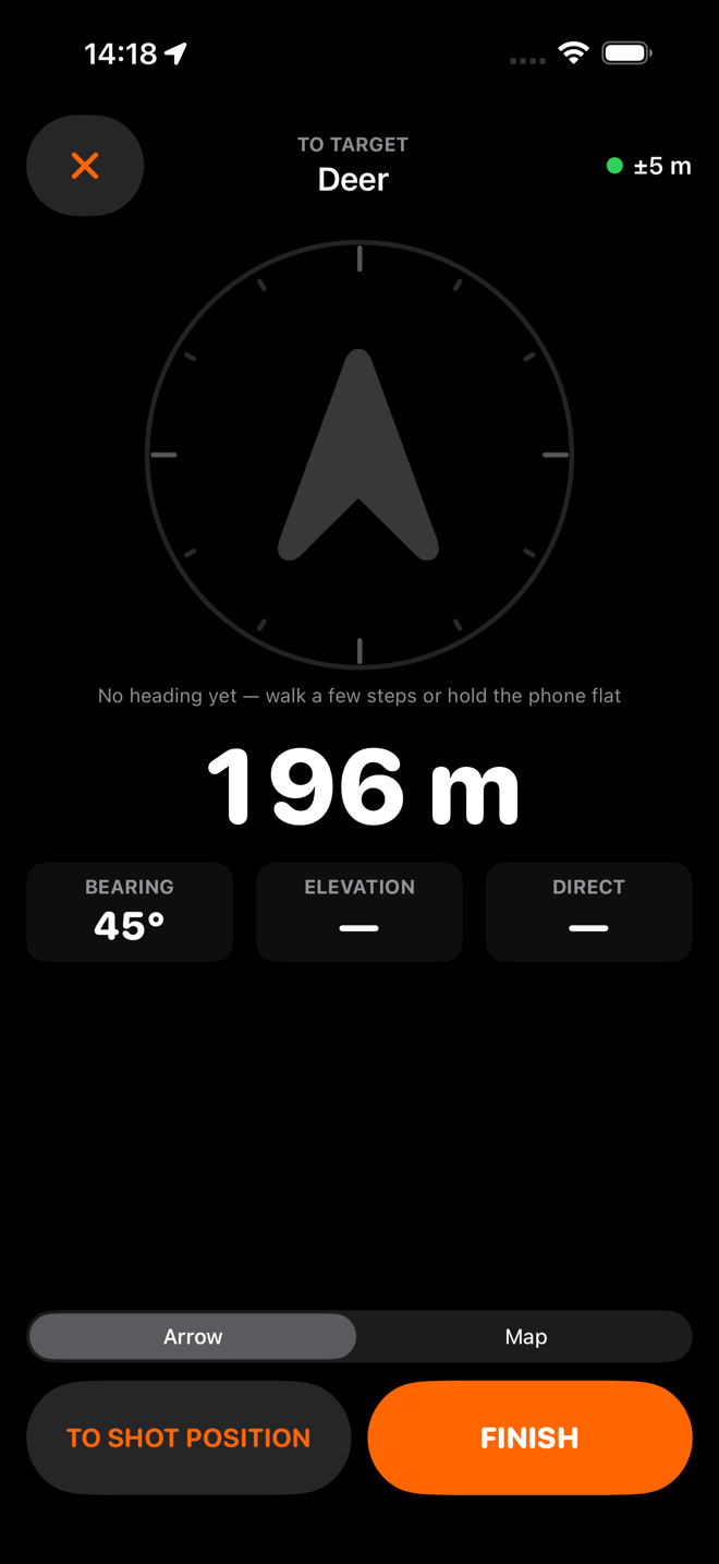 The navigation screen with a grey arrow and a note that there is no heading yet.
