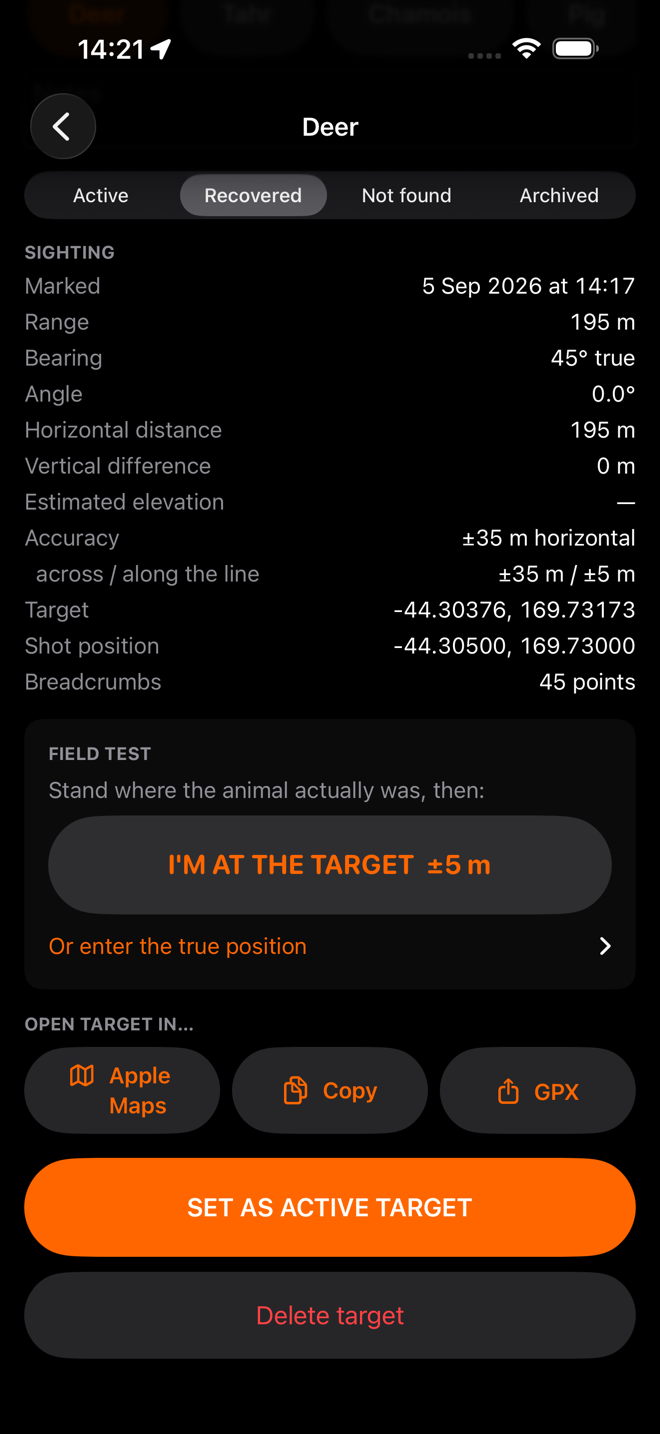 The lower half of the detail screen showing the sighting record and the export buttons.